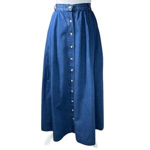 Vintage Denim Maxi Skirt Button Front Pleated Full A-Line Blue Jean Size 10